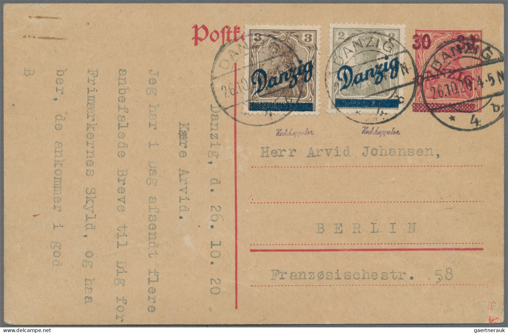 Danzig - Ganzsachen: 1920, Ganzsachenkarte 10 Pfg. Karmin Mit Zusatzfrankatur Kl - Other & Unclassified