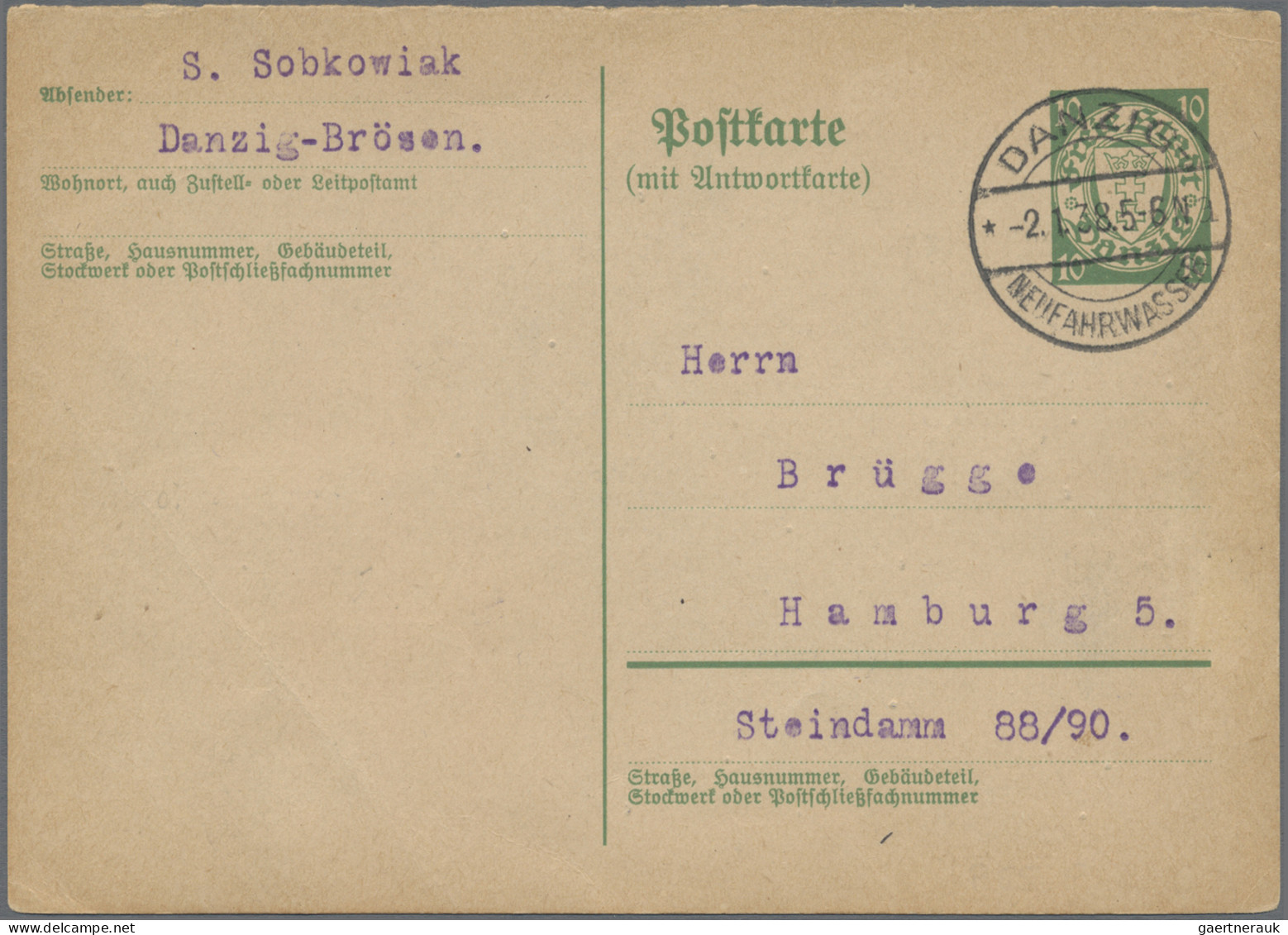 Danzig - Ganzsachen: 1938, Frageteil Der Doppelkarte 10 Pfg.+10 Pfg. Bedarfsgebr - Other & Unclassified