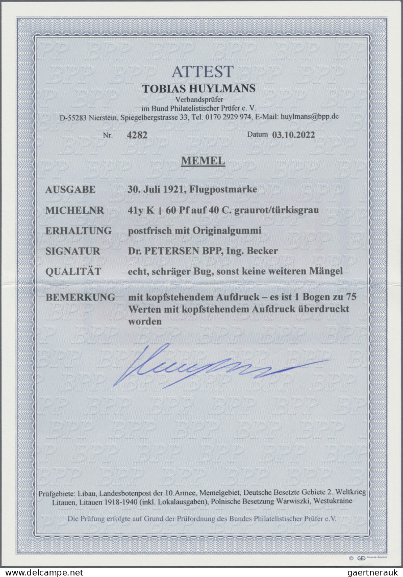 Memel: 1921, "FLUGPOST" Kopfstehend Auf 60 Pf Auf 40 C, Postfrisch Mit Schräger - Memelland 1923