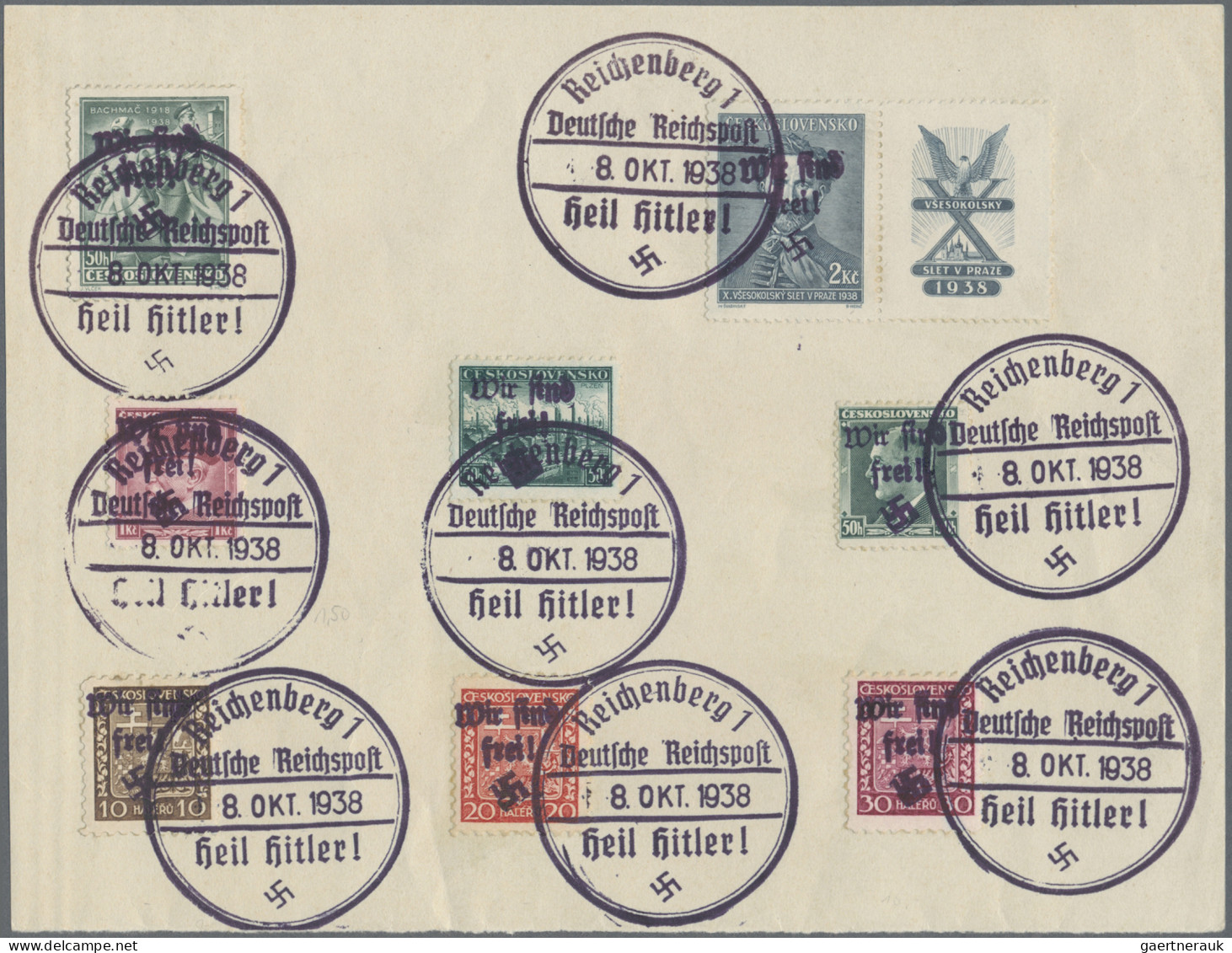 Sudetenland - Reichenberg: 1938, 8 Tschechische Frei- Und Sondermarken, Alle Mit - Sudetenland