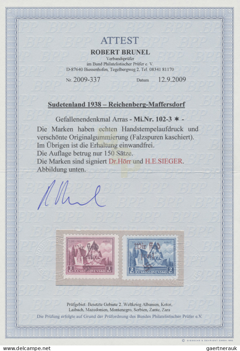 Sudetenland - Reichenberg: 1938, 1 Kc. Und 2 Kc. Gefallenendenkmal Mit Handstemp - Région Des Sudètes