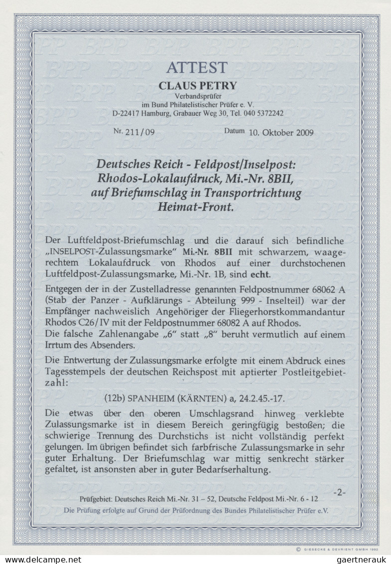 Feldpostmarken: 1945, INSEL RHODOS, Zulassungsmarke Für Luftfeldpostbriefe Durch - Autres & Non Classés