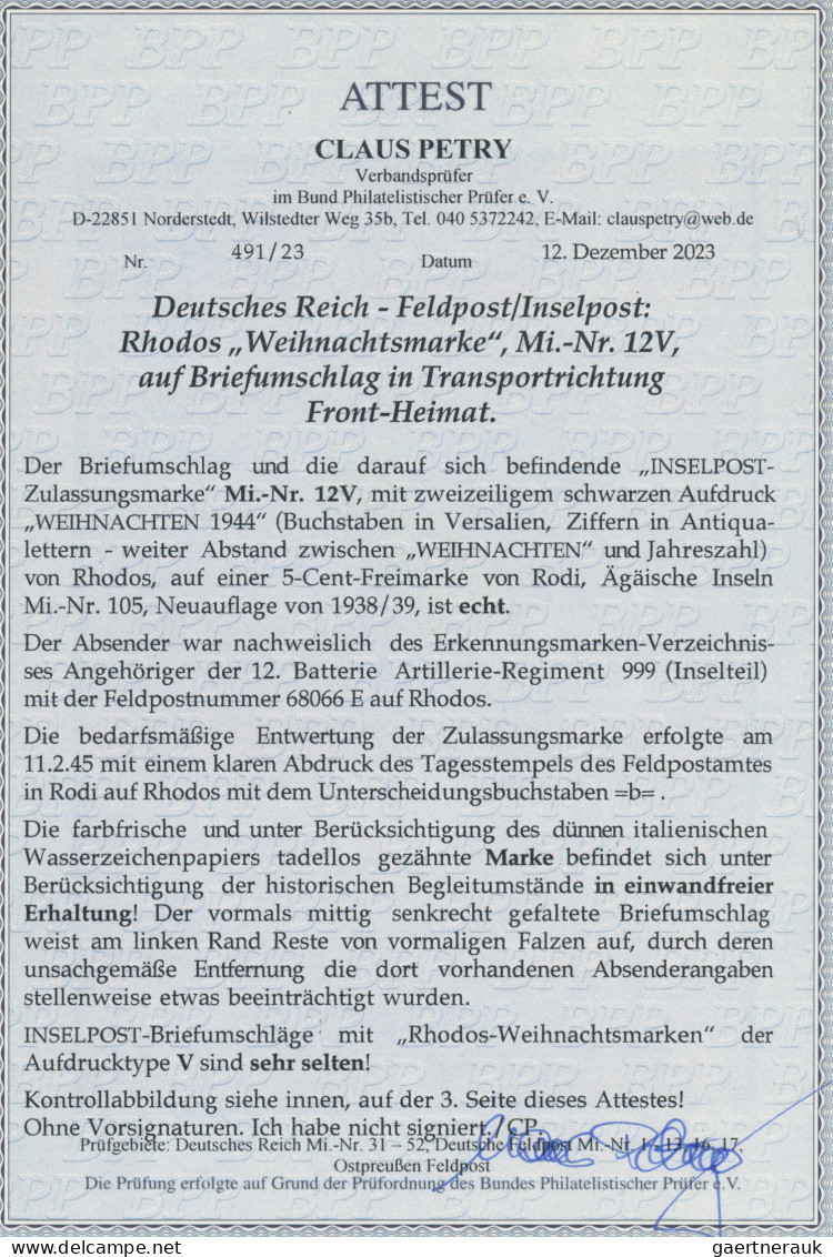 Feldpost 2. Weltkrieg: 1944, Rhodos Weihnachts-Marke Auf Brief In Transportricht - Other