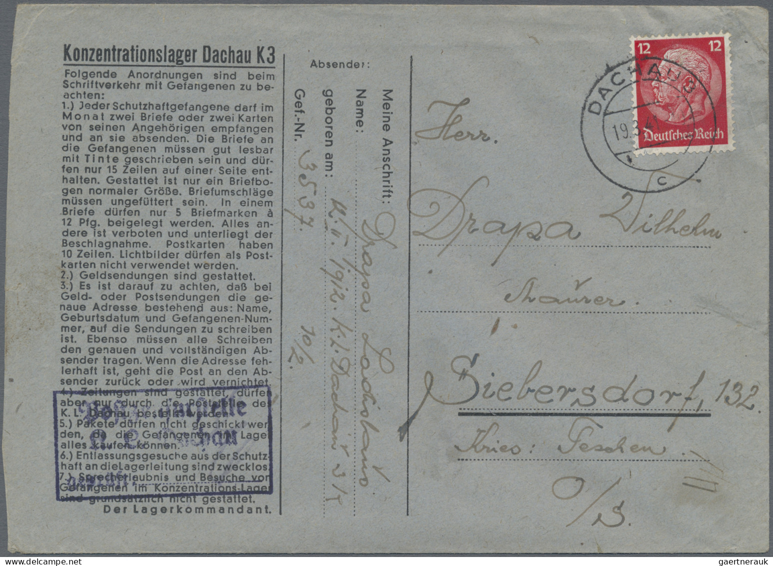 KZ-Post: 1941, 19.3., 12 Pf Hindenburg Rot Als EF Auf Form-Brief Mit Zensurstemp - Cartas & Documentos