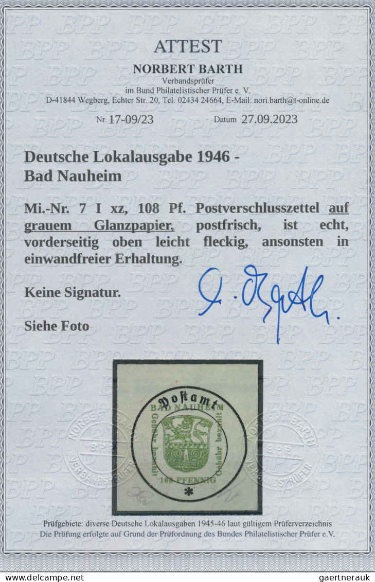 Deutsche Lokalausgaben Ab 1945: BAD NAUHEIM: 1946, Postverschlusszettel 108 Pf A - Other & Unclassified