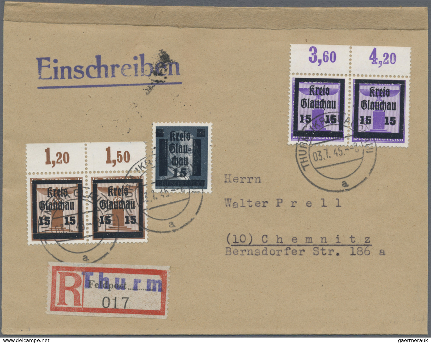 Deutsche Lokalausgaben Ab 1945: GLAUCHAU, 1945: 15 Pfg. Auf 4 Pfg. Hitler Zus. M - Sonstige & Ohne Zuordnung