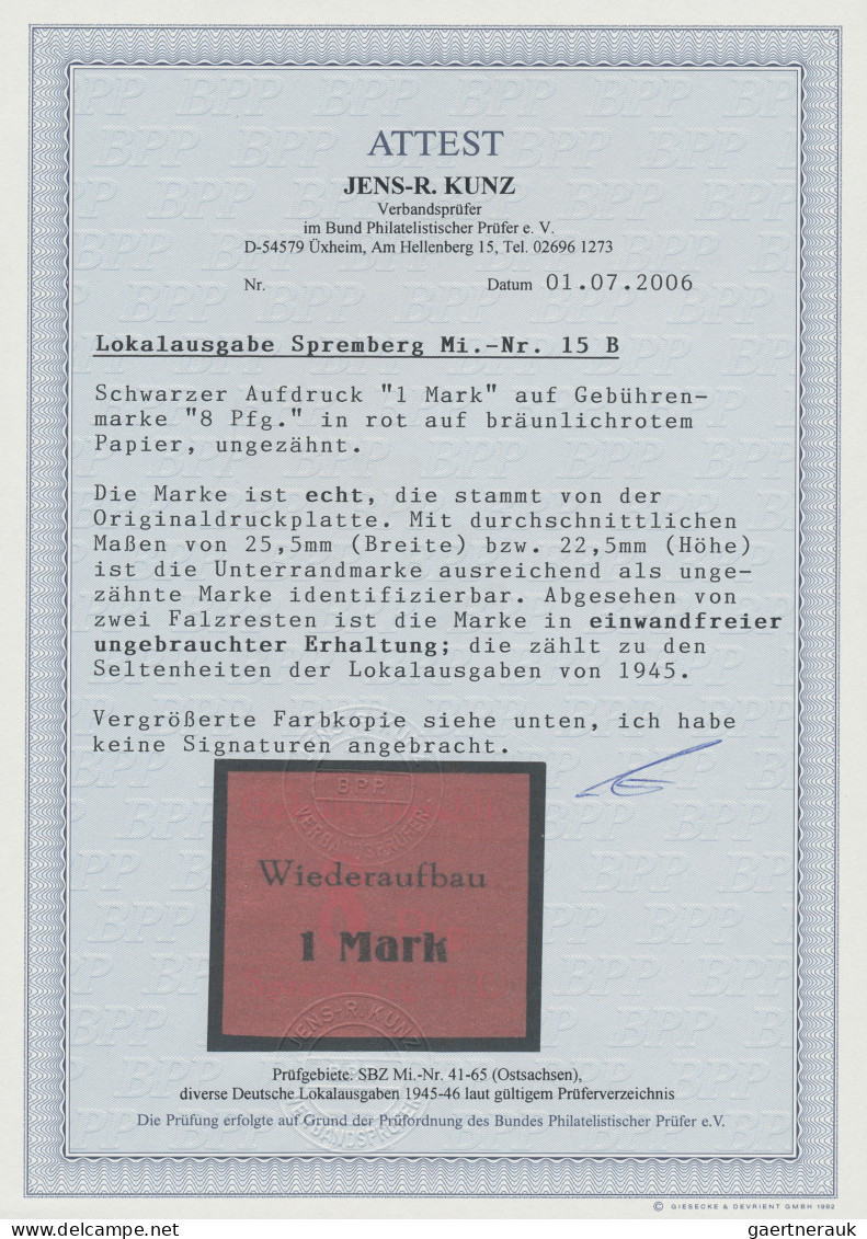 Deutsche Lokalausgaben Ab 1945: SPREMBERG 1946: 8 Pfg. + 1 M. In Rot Auf Bräunli - Other & Unclassified