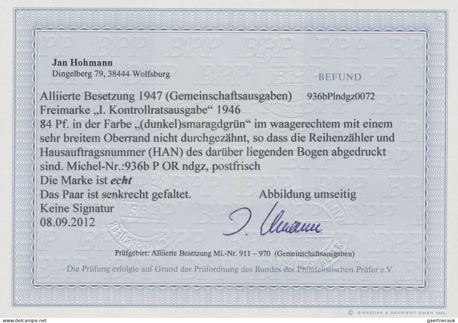 Alliierte Besetzung - Gemeinschaftsausgaben: 1946, 84 Pf Ziffer, Smaragdgrün, Im - Other & Unclassified