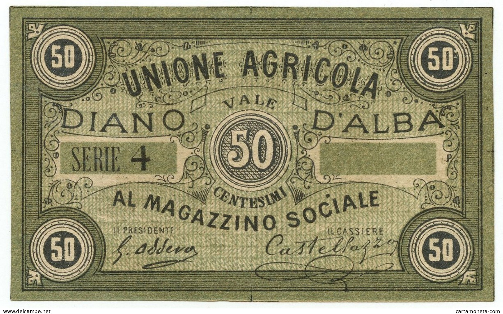 50 CENTESIMI NON EMESSO BIGL. FIDUCIARIO DIANO D'ALBA UNIONE AGRICOLA 1893 SUP+ - Autres & Non Classés