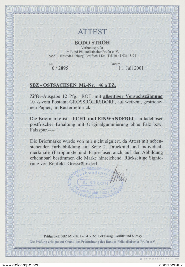 Sowjetische Zone - Ost-Sachsen: 1945, Ziffern 12 Pfg Rot, Postmeistertrennung Gr - Other & Unclassified