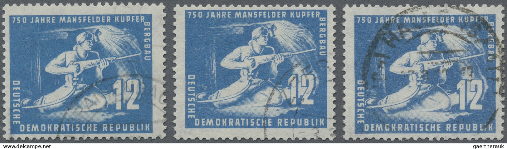 DDR: 1950, 12 Pfg. Mansfelder Bergbau, 3 Gestempelte Marken In Farbe "c". Alle G - Oblitérés