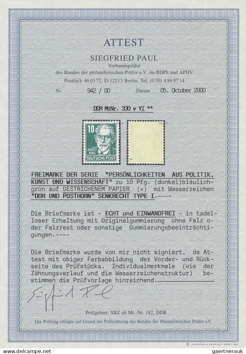 DDR: 1953, Persönlichkeiten: Bebel 10 (Pf) (dunke)bläulichgrün, Auf Gestrichenem - Ungebraucht