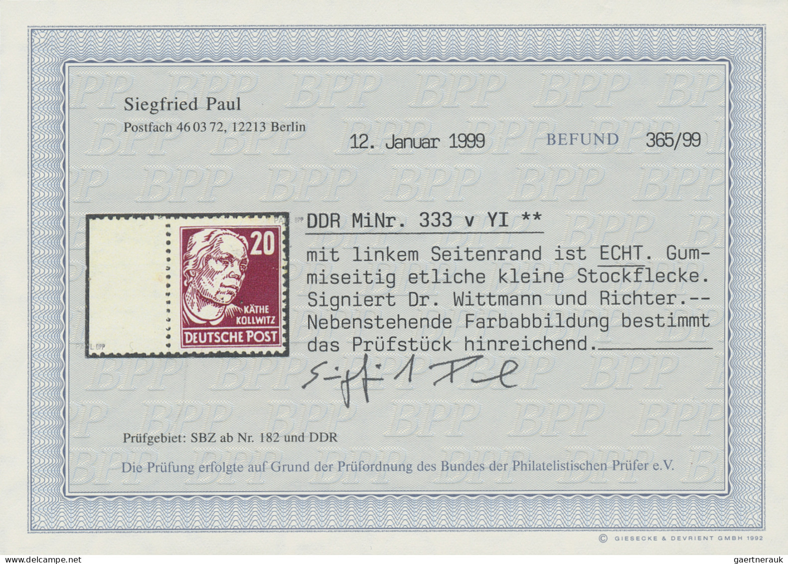 DDR: 1953, Persönlichkeiten: K. Kollwitz 20 (Pf) Karminrot, Auf Gestrichenem Pap - Ungebraucht