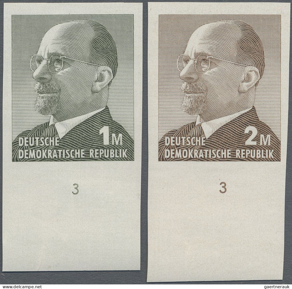 DDR: 1969, Ulbricht 1 Mark Grünoliv Und 2 Mark Siena, Zwei Ungezähnte Unterrands - Unused Stamps