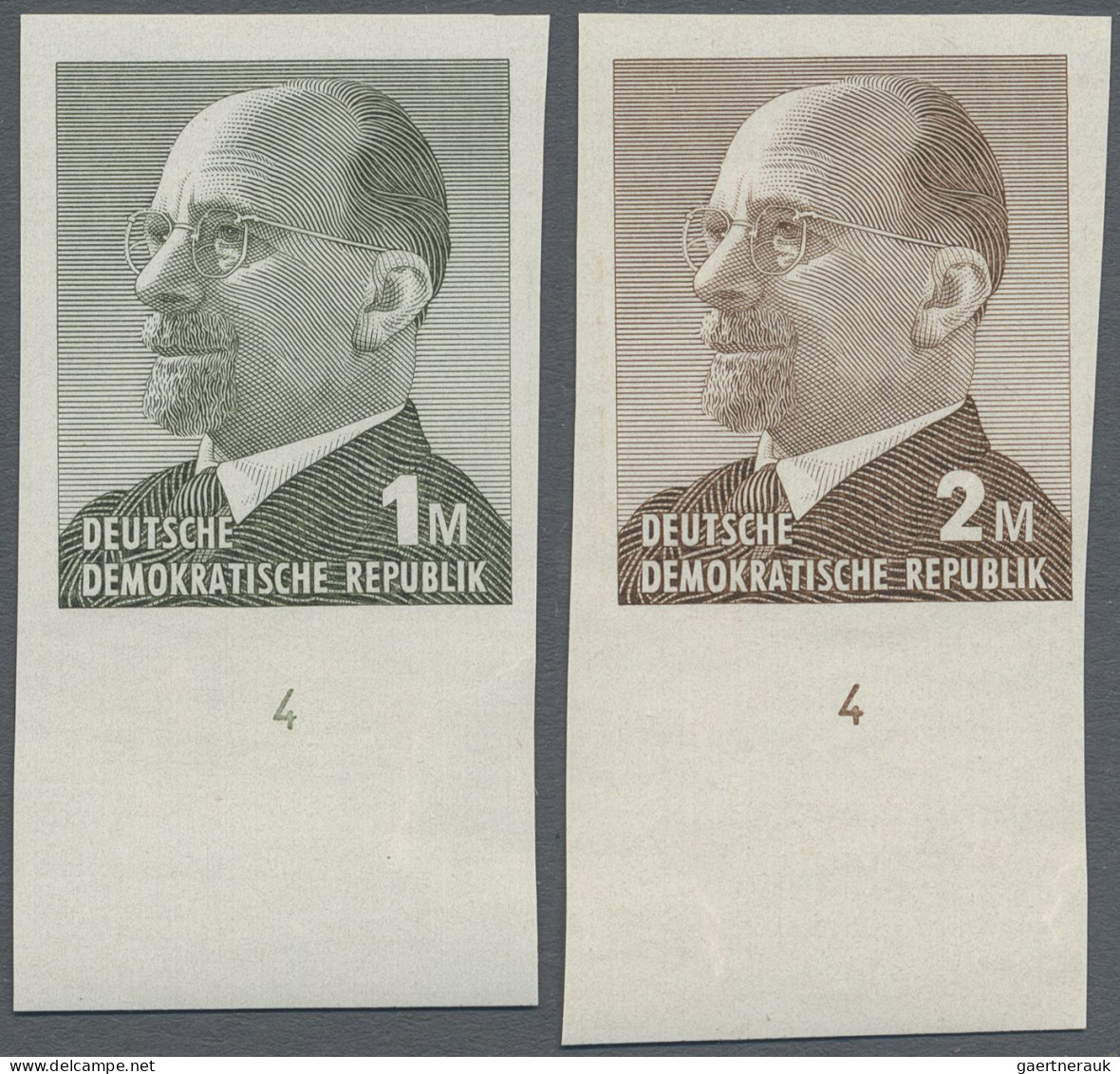 DDR: 1969, Ulbricht 1 Mark Grünoliv Und 2 Mark Siena, Zwei Ungezähnte Unterrands - Neufs