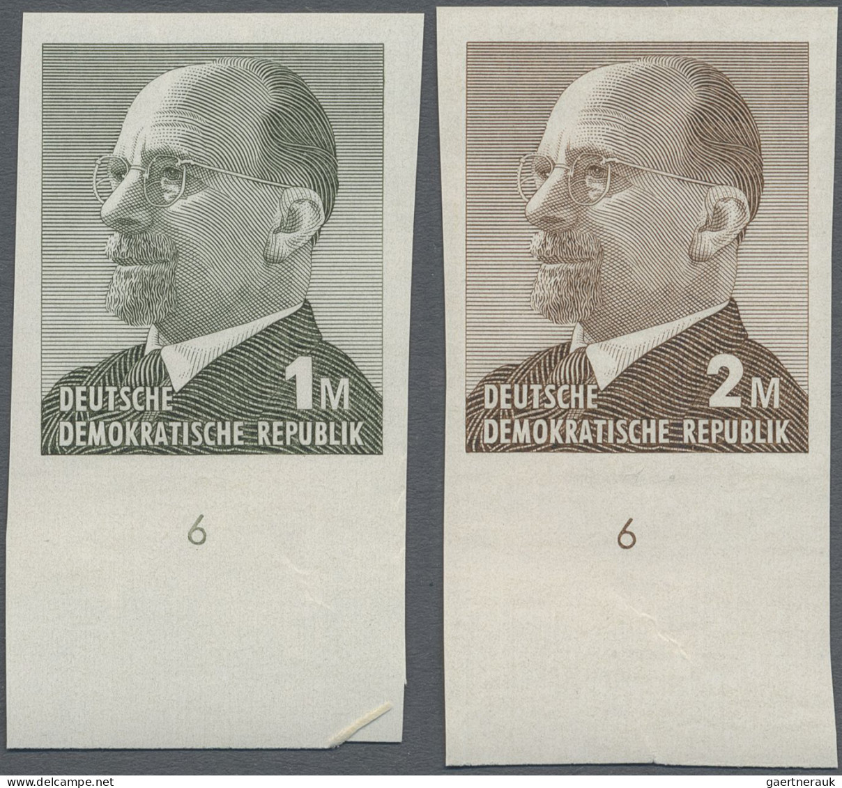 DDR: 1969, Ulbricht 1 Mark Grünoliv Und 2 Mark Siena, Zwei Ungezähnte Unterrands - Unused Stamps