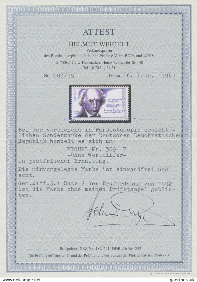 DDR: 1987, Sondermarke "Ludwig Uhland" Ohne Wertziffer, Postfrisch "einwandfrei - Otros & Sin Clasificación
