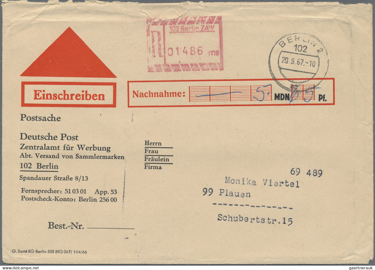 DDR - Besonderheiten: 1967, R-Nachnahme-Beleg Mit Einschreib-Numerator-Stempel M - Autres & Non Classés