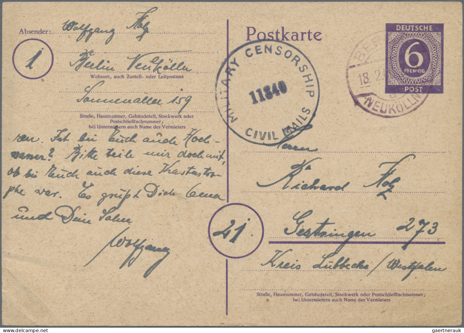 Berlin - Vorläufer: 1946, Ganzsachenkarte Kontrollrat 6 Pfg. Ziffer Bedarfsgebra - Lettres & Documents