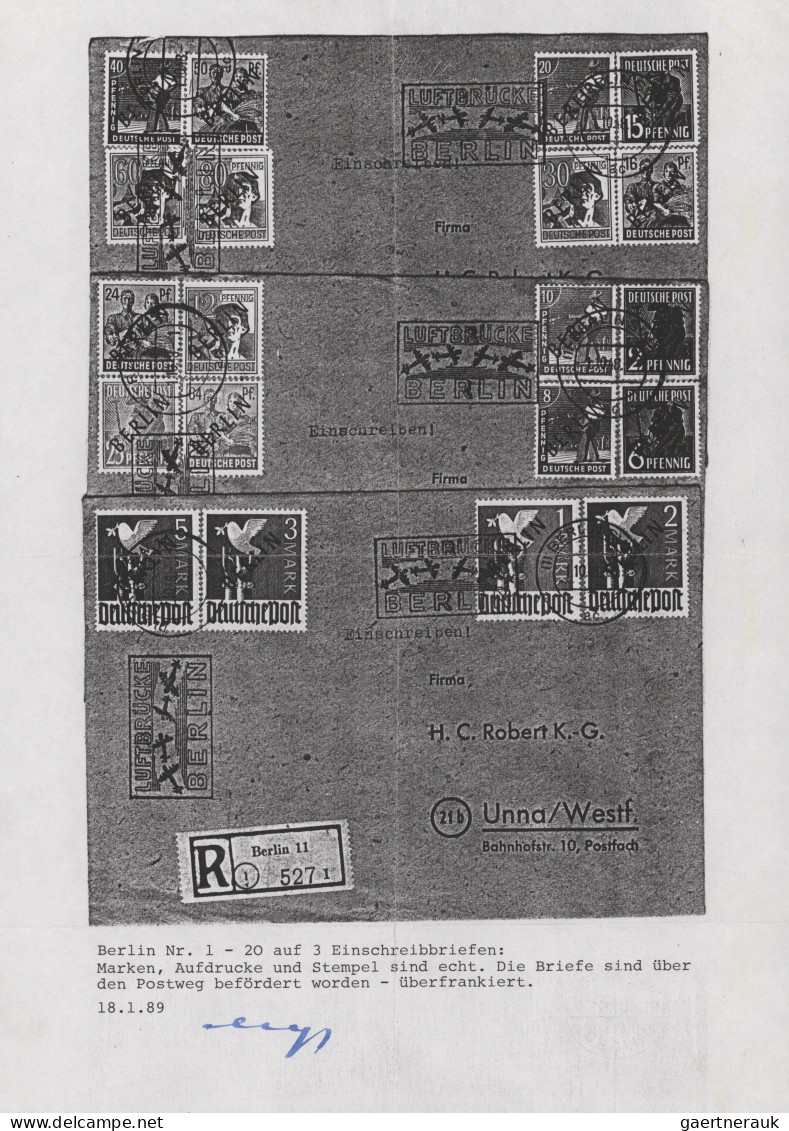 Berlin: 1948, Schwarzaufdruck, kompletter Satz auf drei Luftbrücken-R-Briefen "B