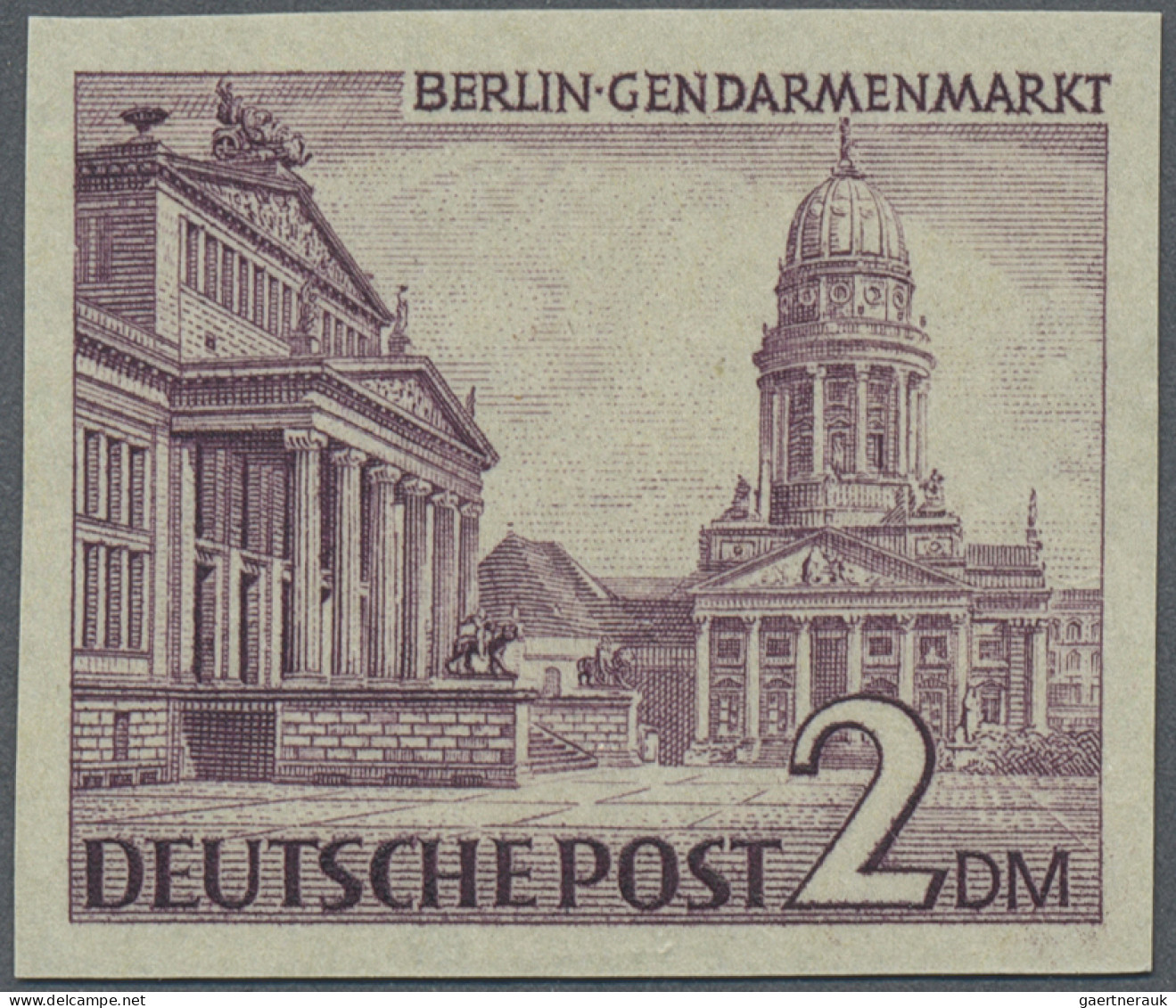 Berlin: 1949, Freimarken Bauten I, 2 DM PROBEABZUG Ungezähnt Auf Grünlichem Papi - Unused Stamps