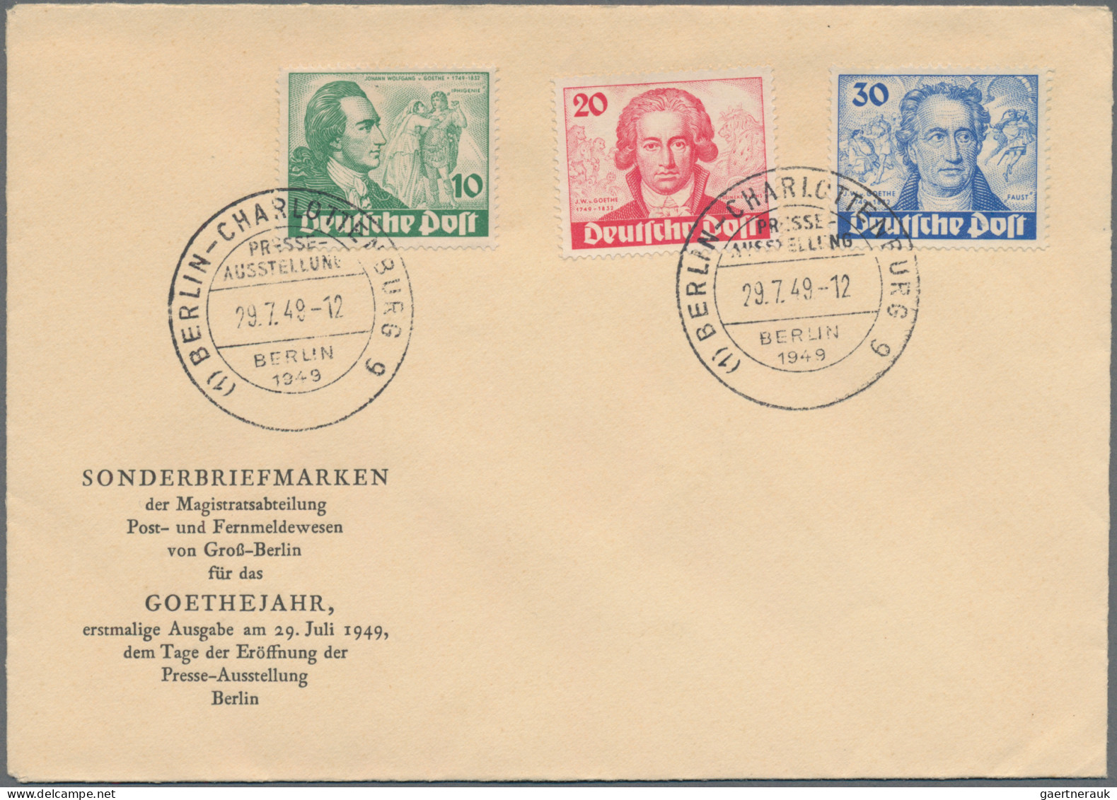 Berlin: 1949, Goethe-Satz Auf Blanlo-FDC Mit ESST "BERLIN-CHARLOTTENBURG PRESSE- - Autres & Non Classés