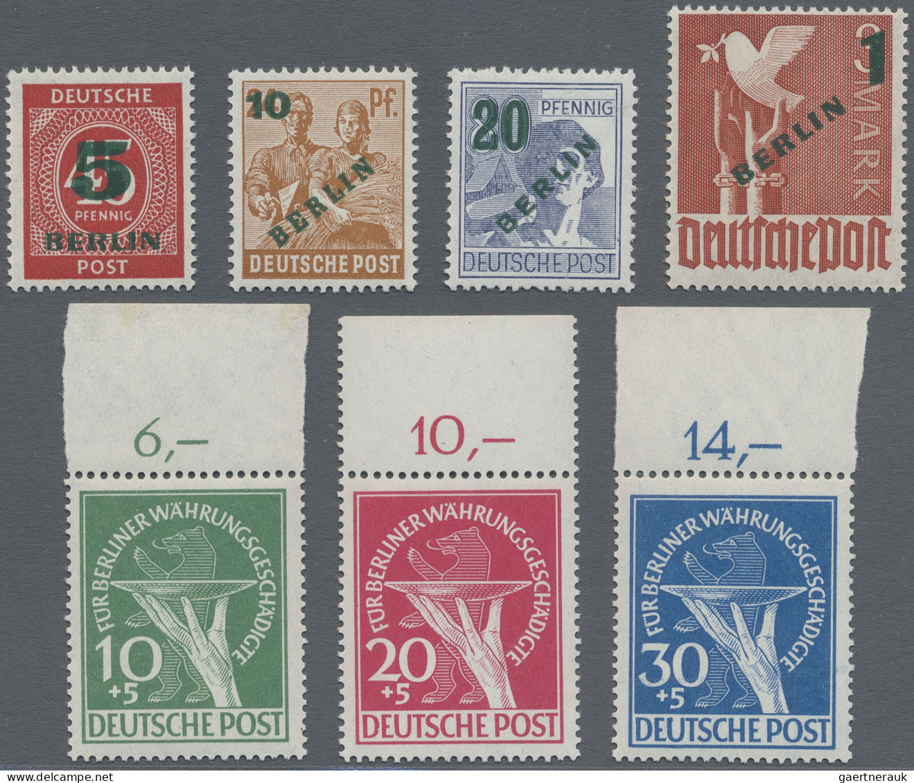 Berlin: 1949, Grünaufdruck Und Währungsgeschädigte, 2 Postfrische Sätze (dabei 6 - Unused Stamps