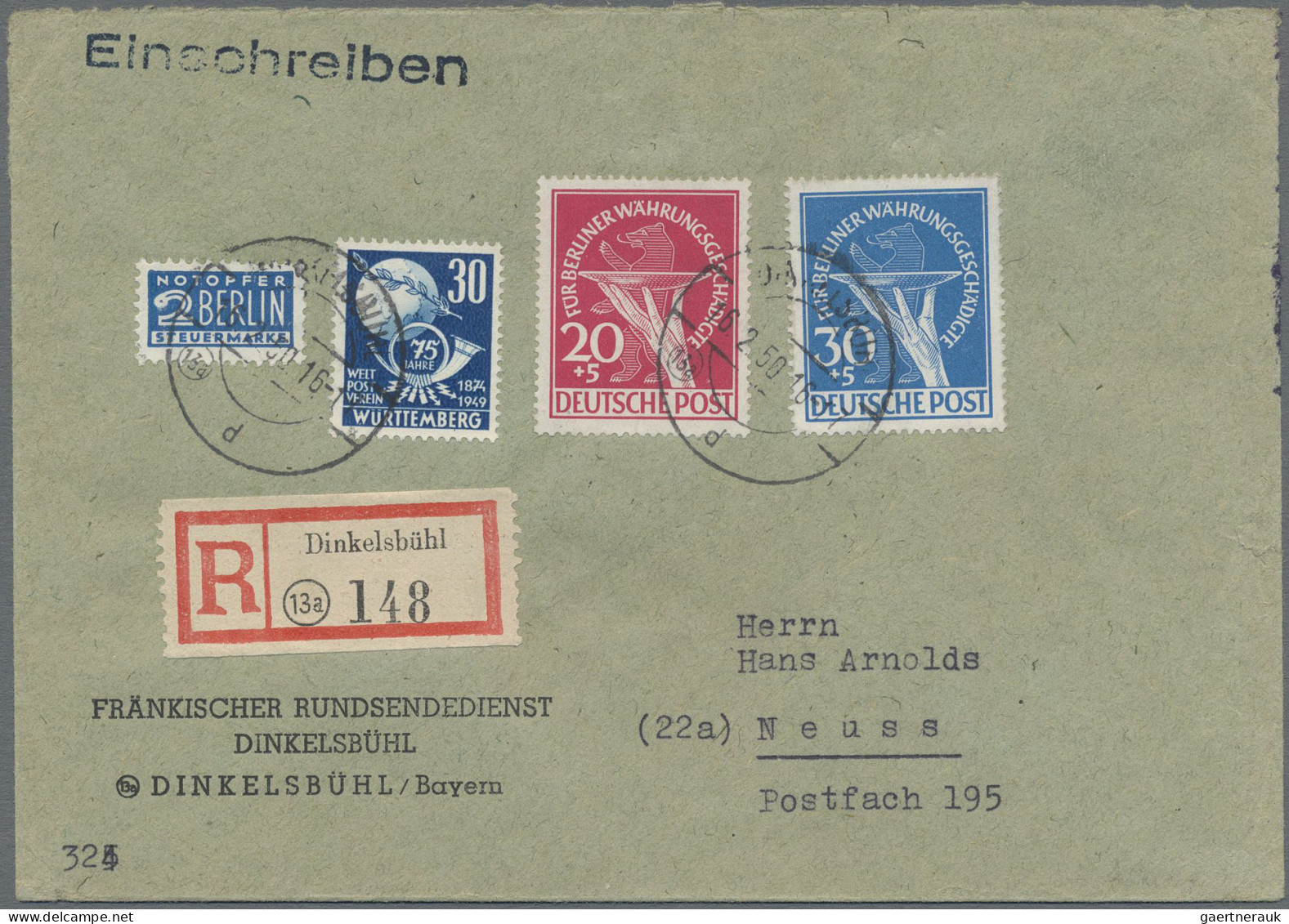 Berlin: 1950, 20 Pfg. Und 30 Pfg. Währungsgeschädigte Zus. Mit Frz.Zone Württemb - Covers & Documents