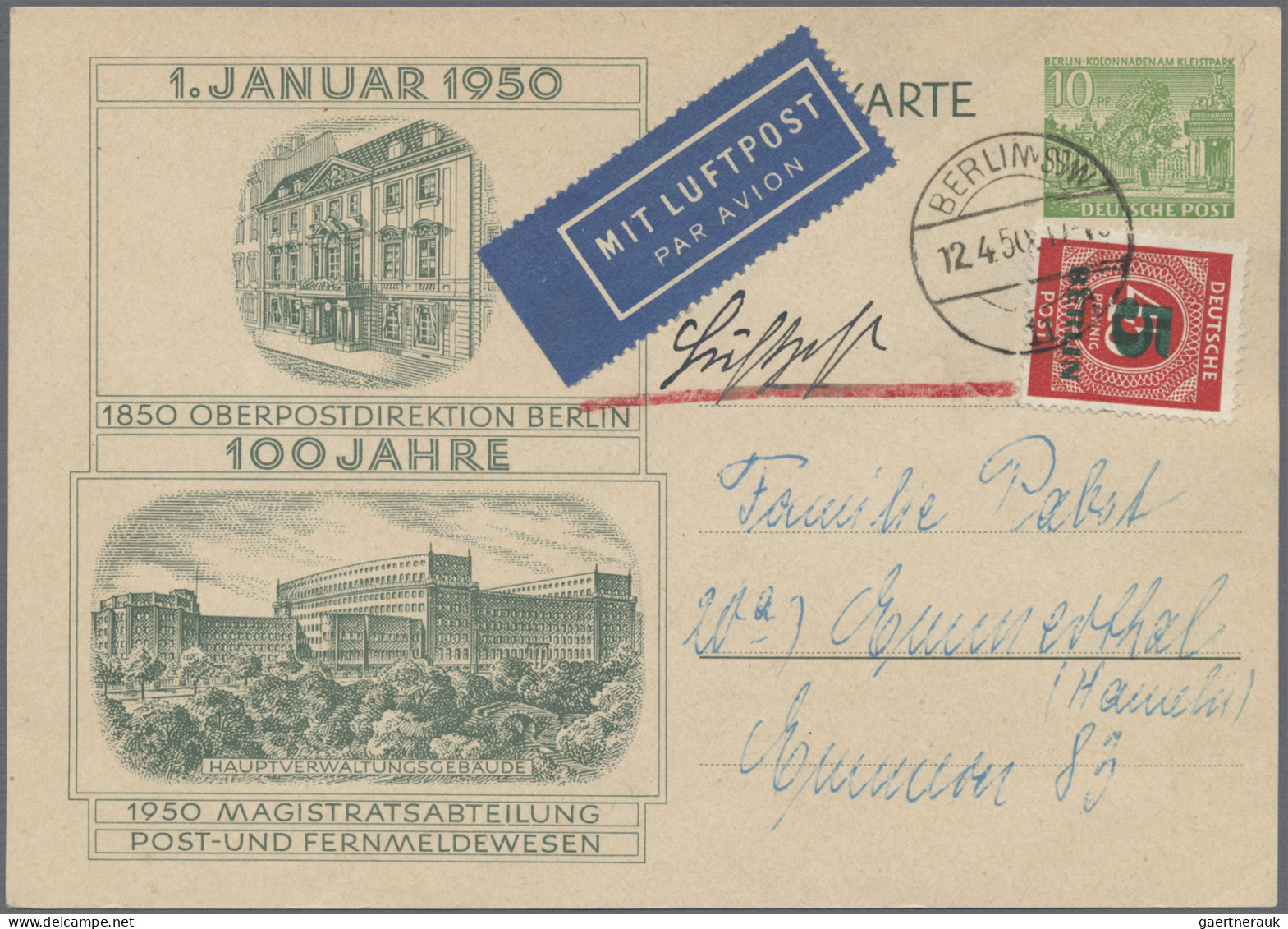 Berlin - Ganzsachen: 1950, OPD-Sonderpostkarte 10 Pfg. Grün Mit Zusatzfrankatur - Andere & Zonder Classificatie