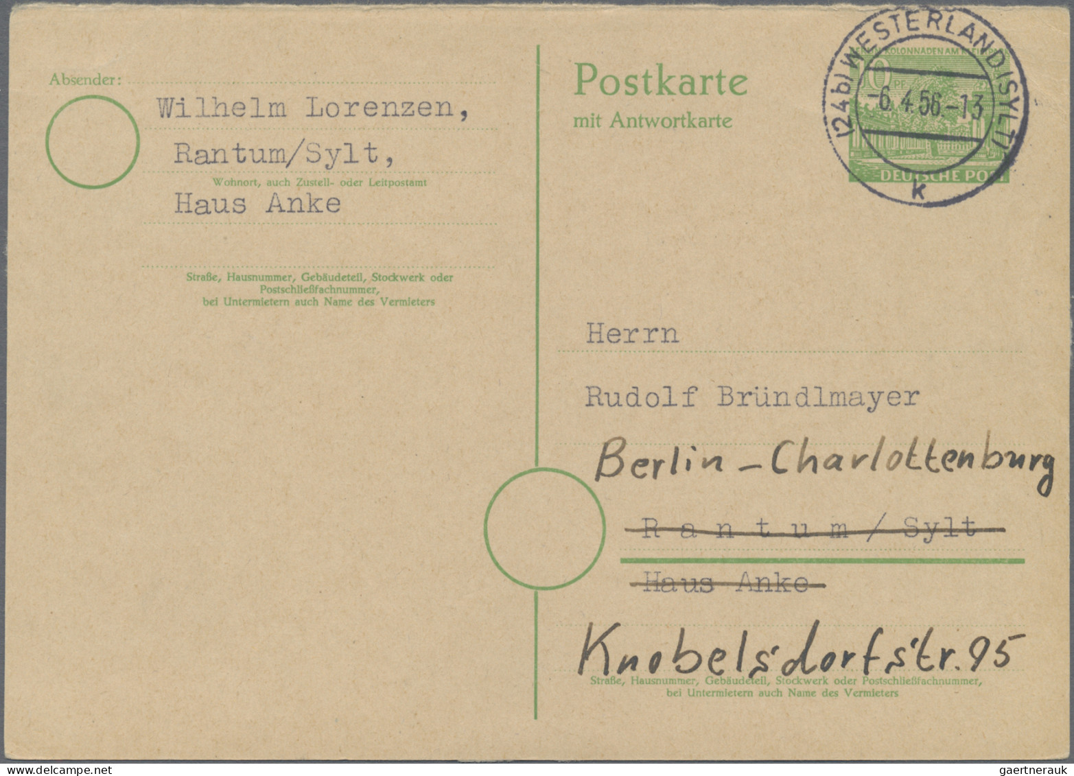 Berlin - Ganzsachen: 1952, Bauten 10 Pfg. Grün, Frageteil Der Doppelkarte Gebrau - Autres & Non Classés