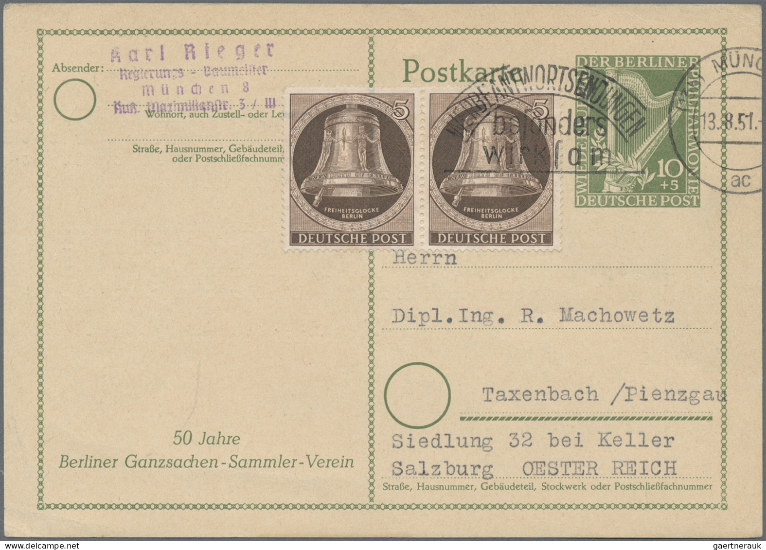 Berlin - Ganzsachen: 1951, Berliner Philharmonie, Postkarte Links Unten Mit Zudr - Other & Unclassified