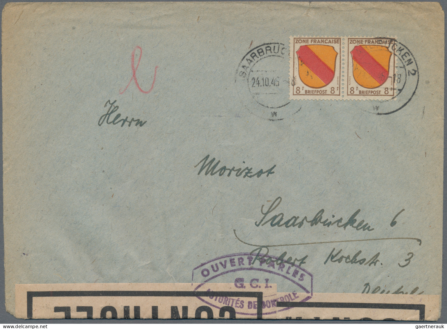 Französische Zone - Allgemeine Ausgabe: 1946, Saarland-Zensurpost: 2 X 8 Pf Wapp - Other & Unclassified