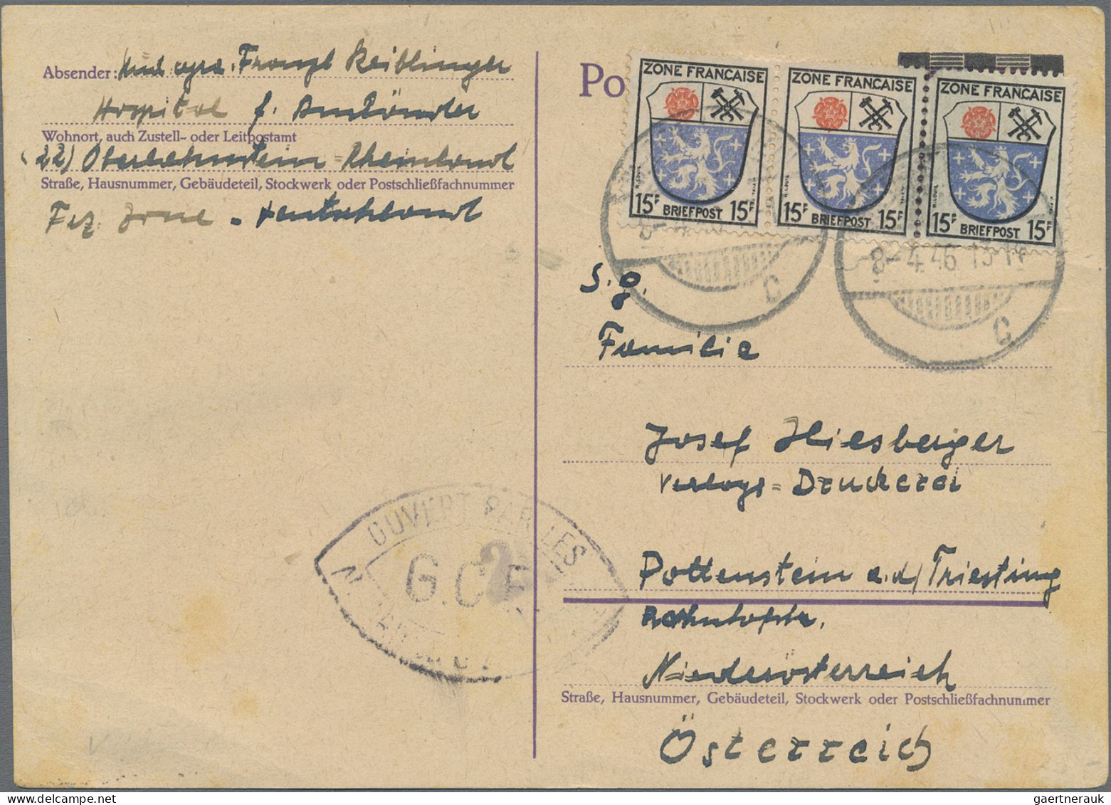 Französische Zone - Allgemeine Ausgabe: 1946, Wappen 15 Pfg. Im Waagerechten 3er - Other & Unclassified