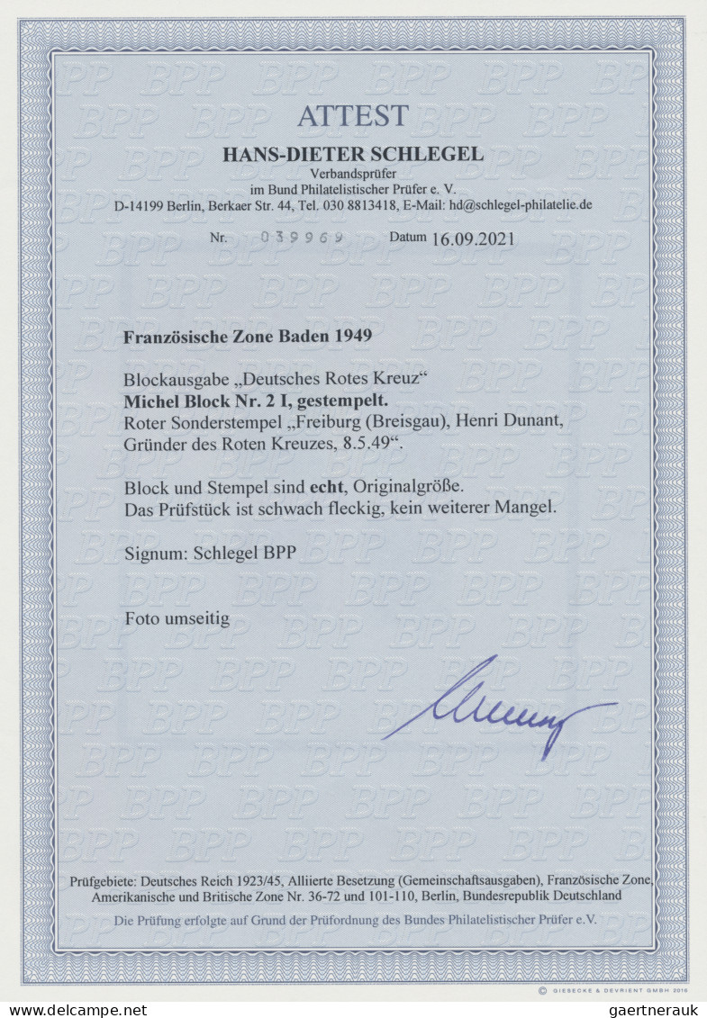 Französische Zone - Baden: 1949, Blockausgabe Rotes Kreuz, Type I, Entwertet Mit - Sonstige & Ohne Zuordnung