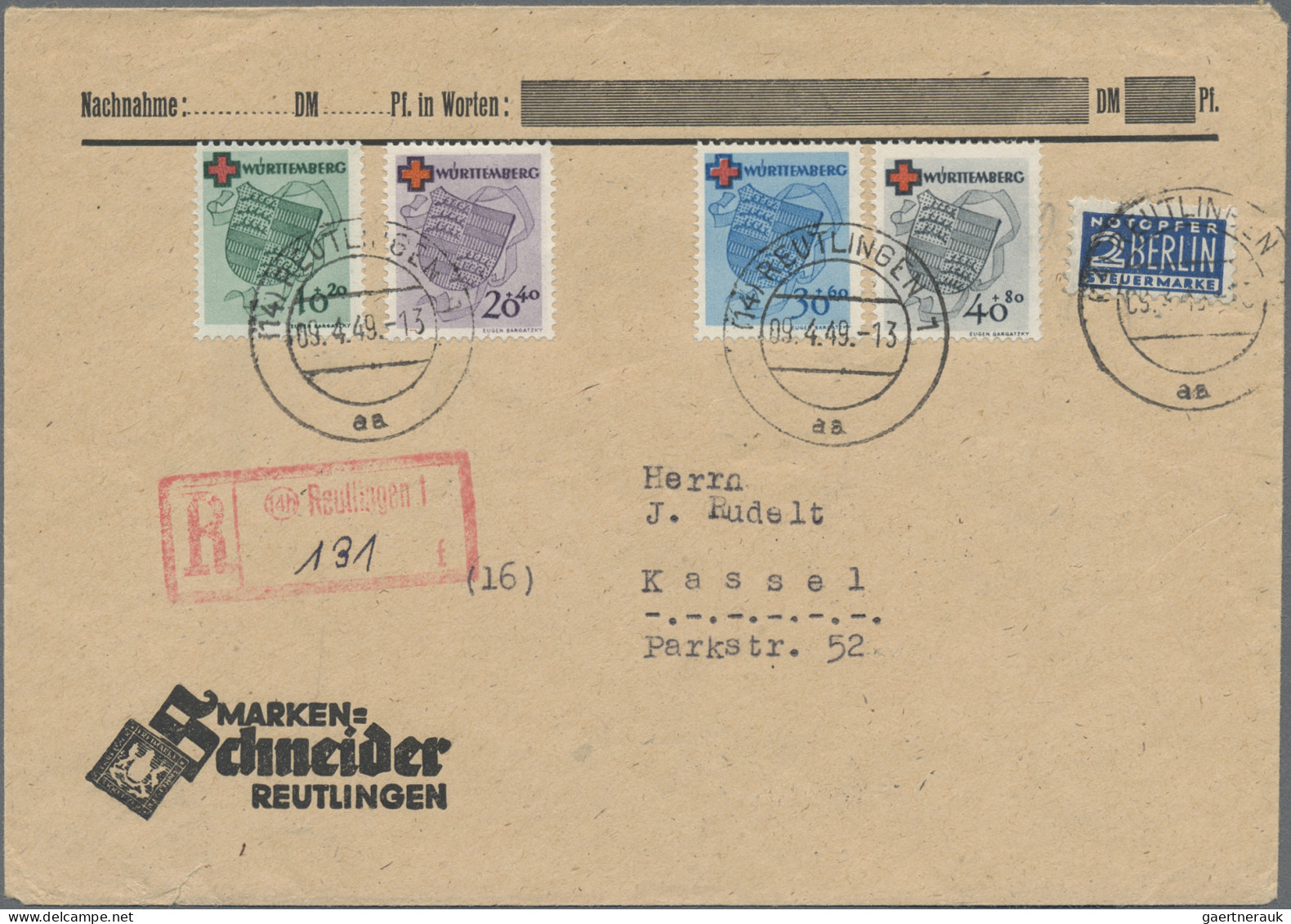 Französische Zone - Württemberg: 1949, 10 Pf Bis 40 Pf Rotes Kreuz, Kompletter S - Autres & Non Classés