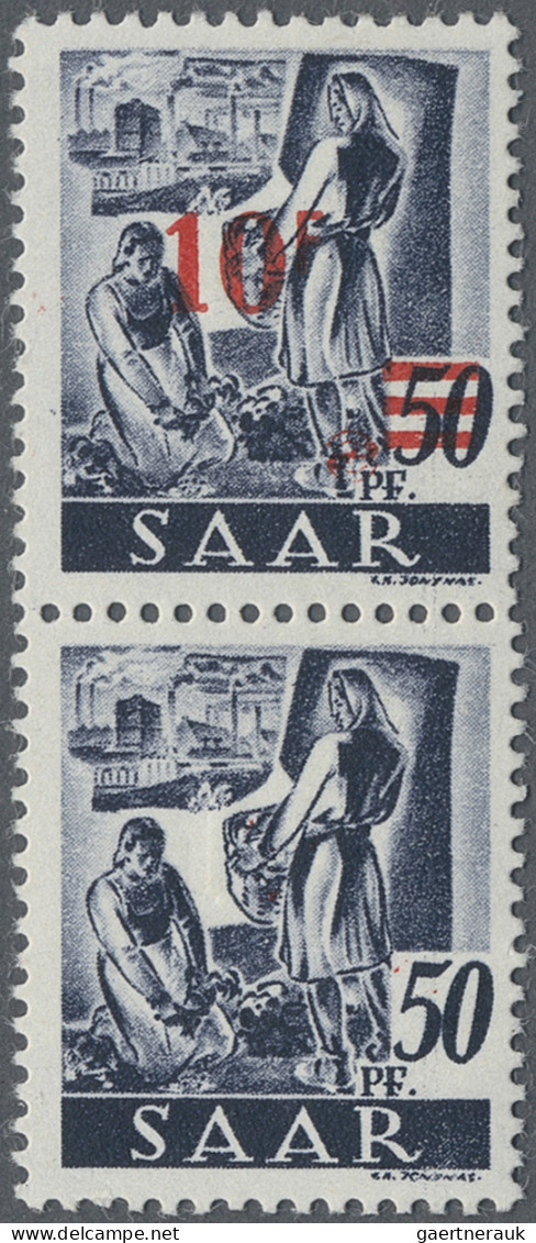 Saarland (1947/56): 1947, 10 Fr Auf 50 Pfg, Senkrechtes Paar, Obere Marke Mir Au - Ungebraucht