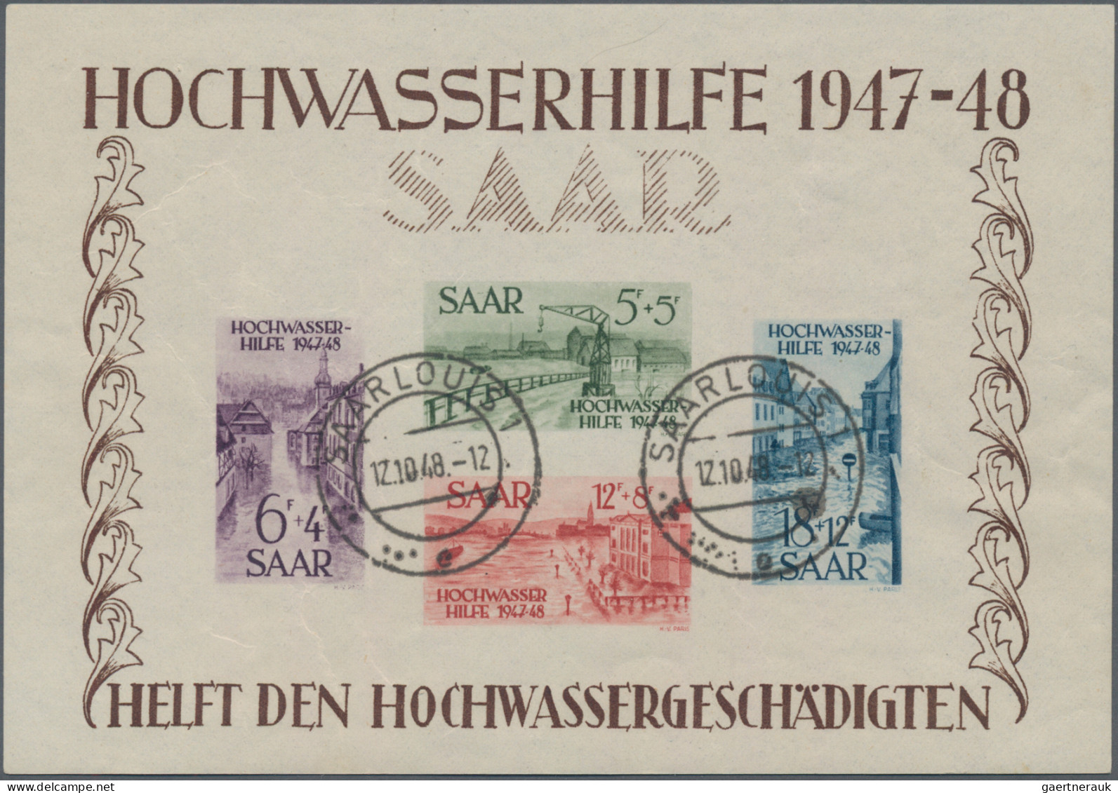 Saarland (1947/56): 1948 Geschnittener Block "Hochwasserhilfe" In Type II, Geste - Gebruikt