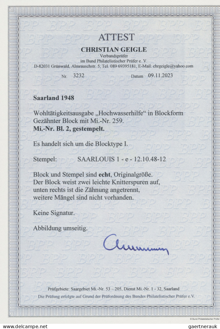 Saarland (1947/56): 1948 Gezähnter Block "Hochwasserhilfe" In Type I, Gestempelt - Gebruikt