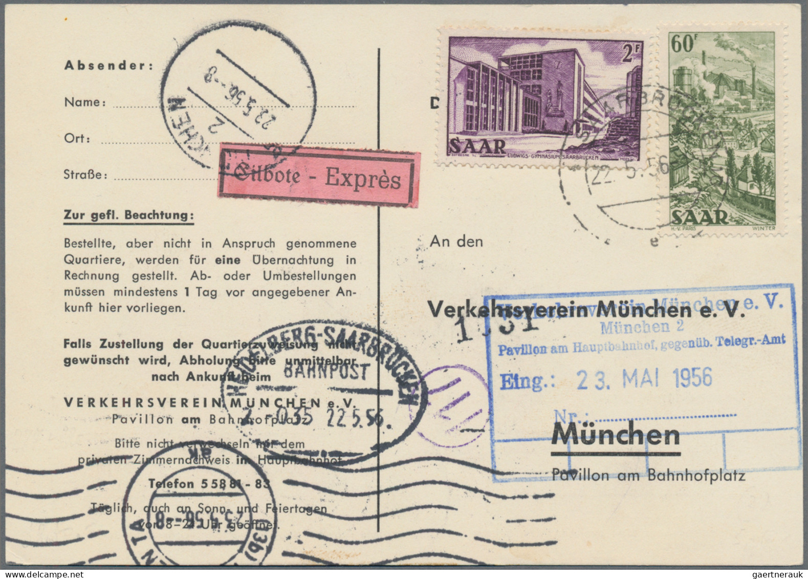 Saarland (1947/56): 1956, Postkarte Per Eilboten (Zimmerbestellung) Portorichtig - Briefe U. Dokumente