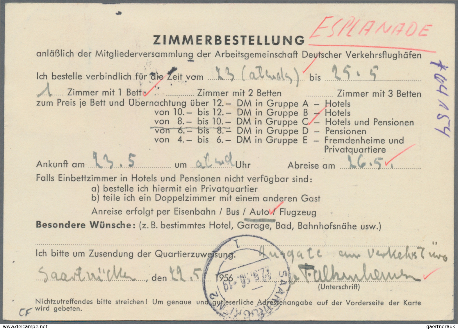 Saarland (1947/56): 1956, Postkarte Per Eilboten (Zimmerbestellung) Portorichtig - Covers & Documents