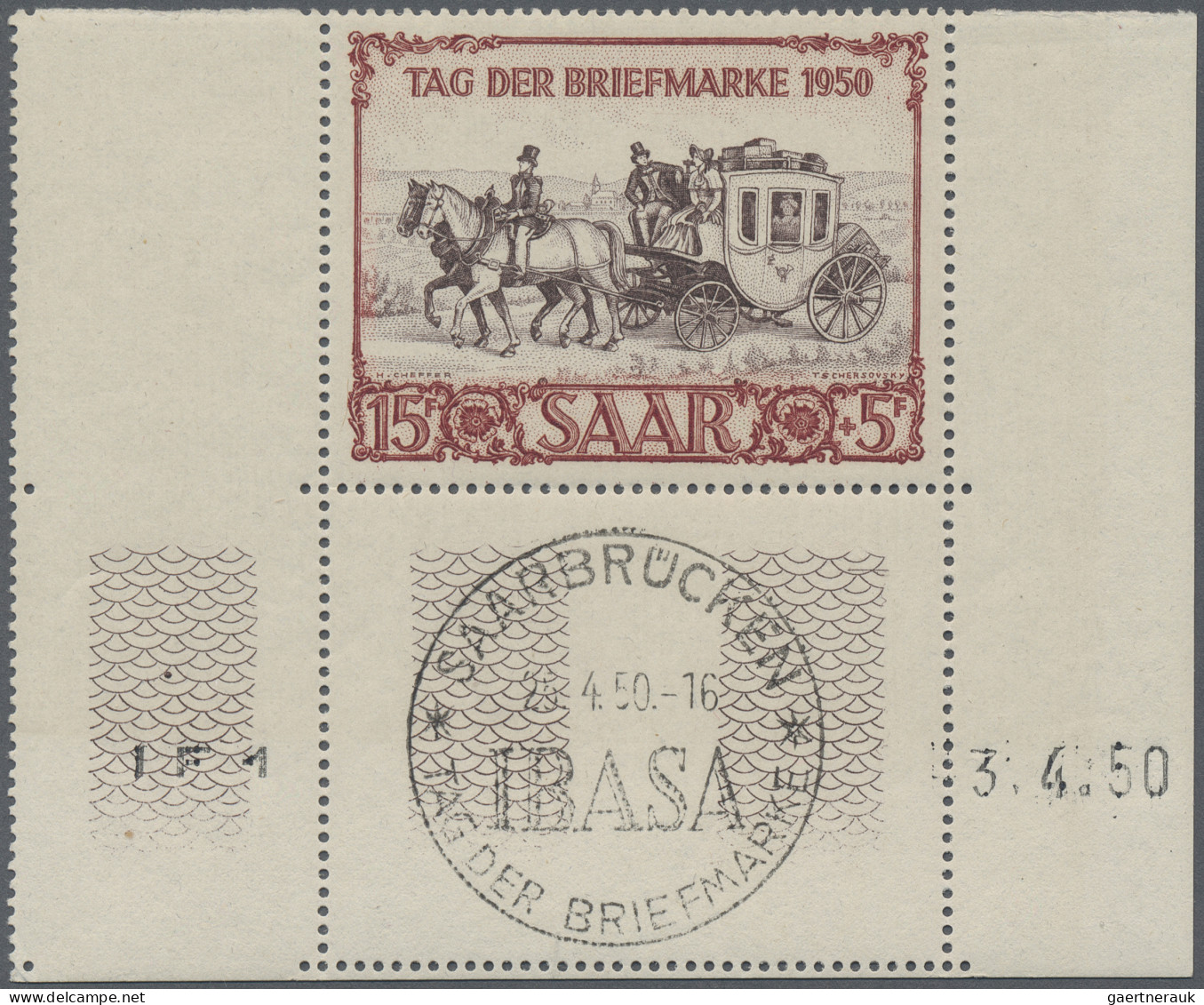 Saarland (1947/56): 1950 Tag Der Briefmarke 15+5 Fr. Mit Zierfeld Unten, Zwische - Oblitérés