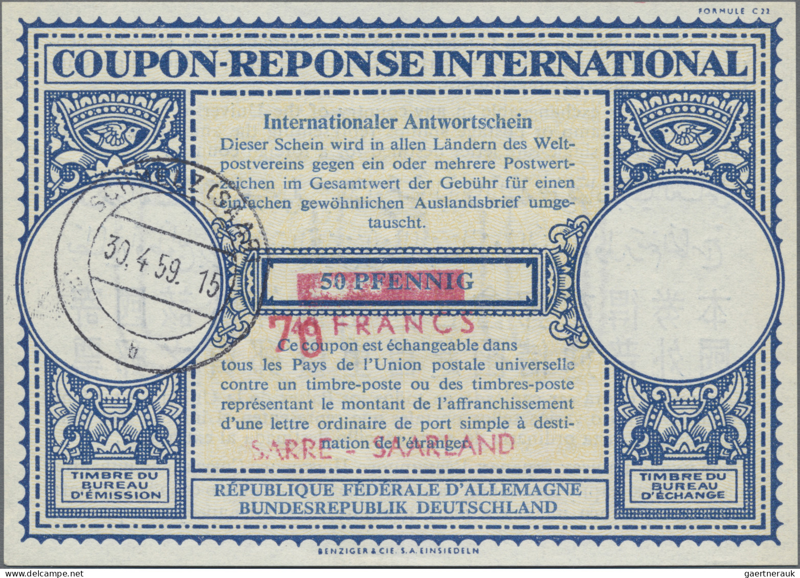 Saarland (1947/56) - Ganzsachen: 1948-57 IAS 70 FRANCS Auf 40 Fr. Auf 50 Pf. Mit - Andere & Zonder Classificatie