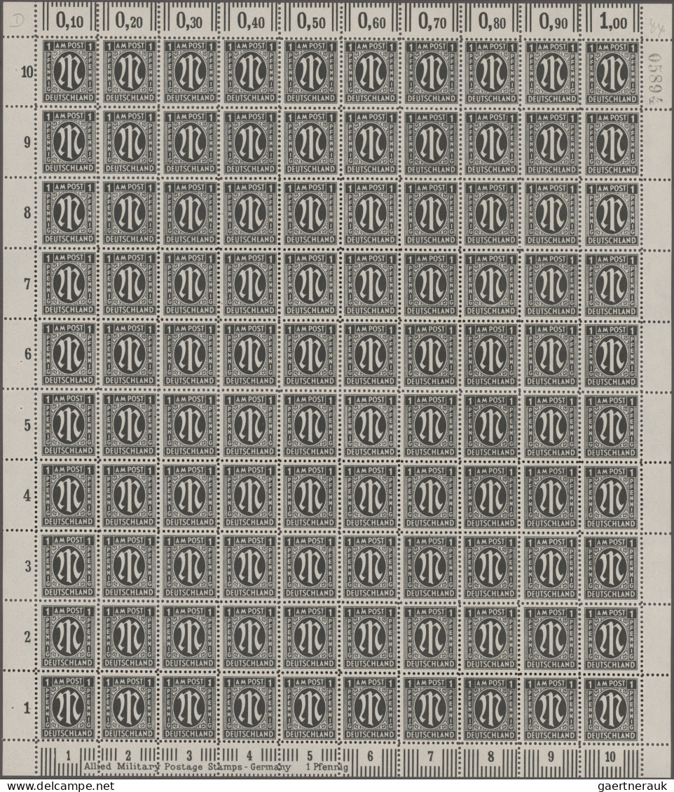 Bizone: 1945, AM-Post 1 Pf Deutscher Druck, Kompletter Postfrischer Bogen Typ 3 - Other & Unclassified