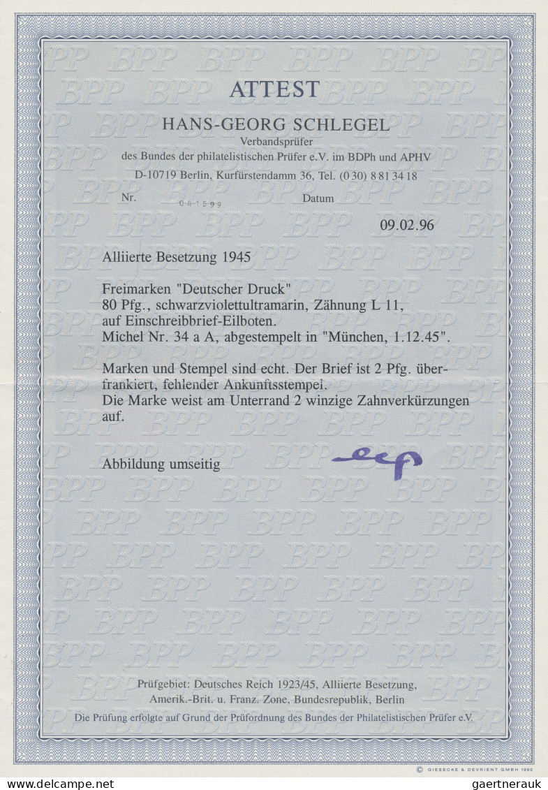 Bizone: 1945, 80 Pf. AM-Post Dt. Druck Auf R-Eil-Orts-Brief Von München 1.12.45, - Other & Unclassified