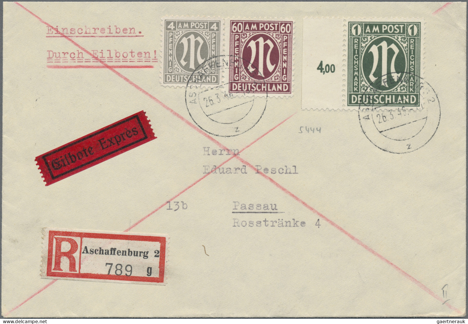 Bizone: 1946, 4, 60 Pf. U. 1 RM (Randstück) AM-Post Auf Echt Gelaufenem R-Eil-Br - Autres & Non Classés