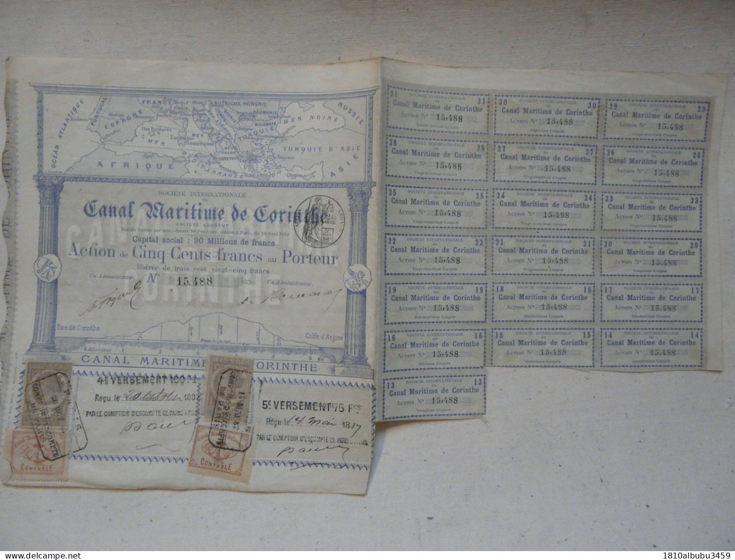 RARE - ACTION DE CINQ CENTS FRANCS - SOCIETE INTERNATIONALE DU CANAL MARITIME DE CORINTHE 1886-1887 - Navigazione