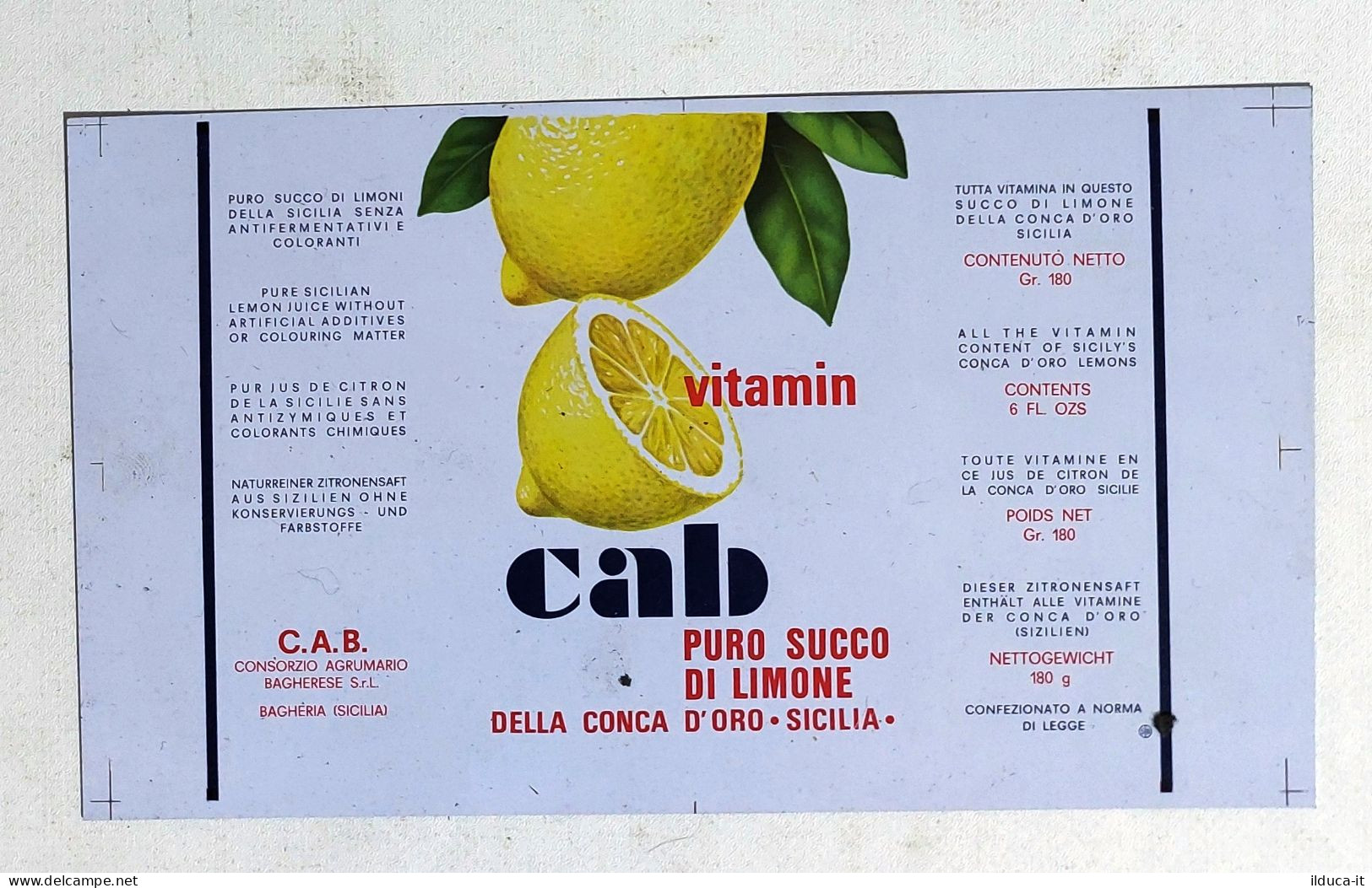 81218 Etichetta Pubblicitaria In Latta- Anni '50 - Limonata Cab Bagheria PA - Cans