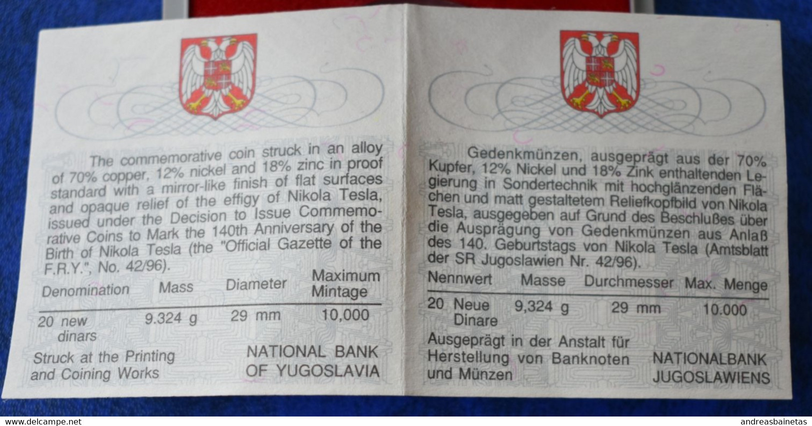 Coins Yugoslavia  20 New Dinars  20 Novih Dinara Nikola Tesla   1996 - Yougoslavie