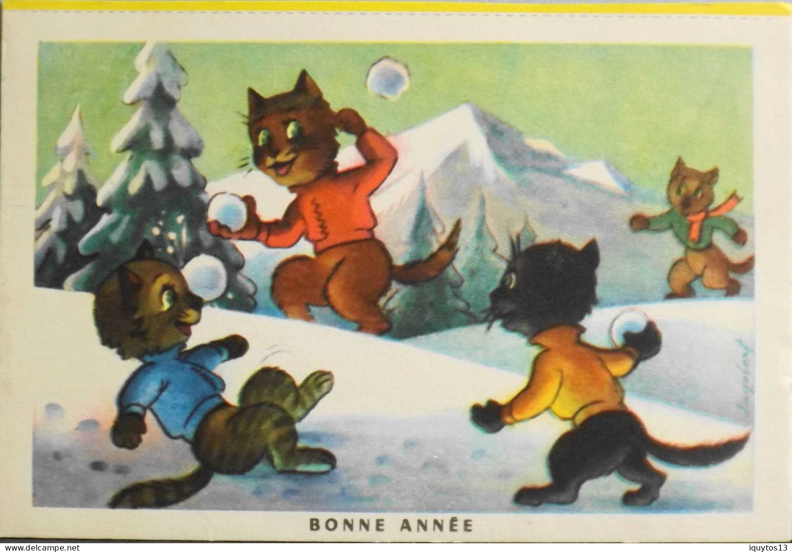 BUVARD BISCOTTES LUC - CP Découpée "BONNE ANNEE" CHATS Se Lançant Des BOULES De NEIGE. Années 50 - TBE - Biscottes