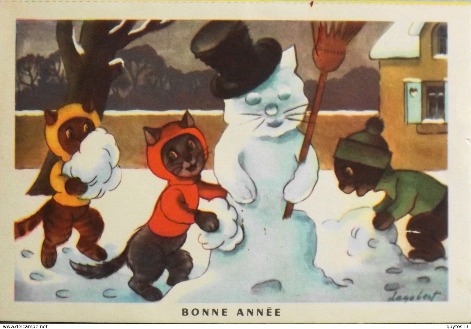 BUVARD BISCOTTES LUC - CP Découpée "BONNE ANNEE" CHATS Autour D'un Bonhomme De NEIGE. Années 50 - TBE - Biscottes